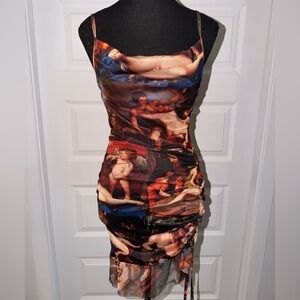 PLT Art Print Ruched Mesh Midi Dress – Statement Piece